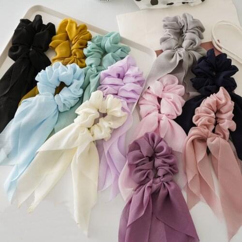 Double Layer Cute Chiffon Bow Long Ribbon Scrunchie Hair Ties Women Girl Hair Scarf Elastic Rubber Bands Hair Accessories