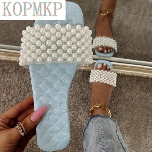 Hot Summer Women Slippers Flats Luxury Shoes Female Casual Blue Beach Sandals Outdoor Flip Flops New Pearl Zapatillas Mujer Casa