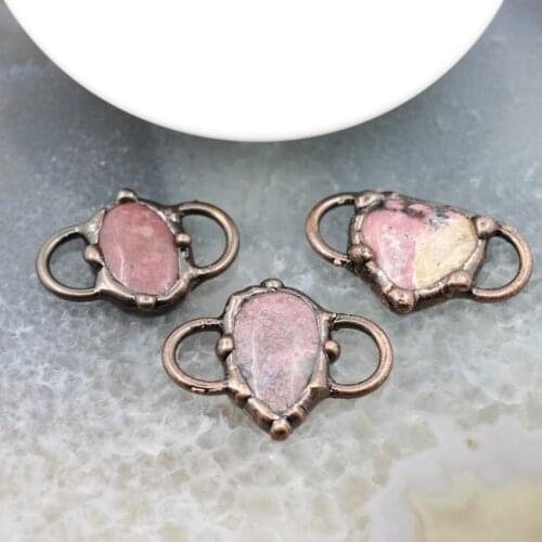 Natural Stone Rhodonite Slice Pink Quartz Antique Brass Style Connector,Used for Bracelet Necklace Charms DIY Jewelry Making