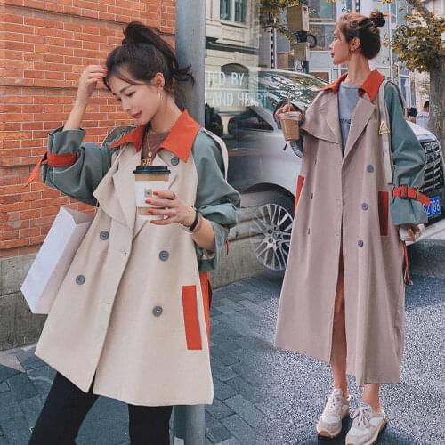 Women Trench Coat Fashion Fall Winter Casual Cotton Loose Vintage Long Coats With Sashes Color Contrast Double Breasted Overcoat