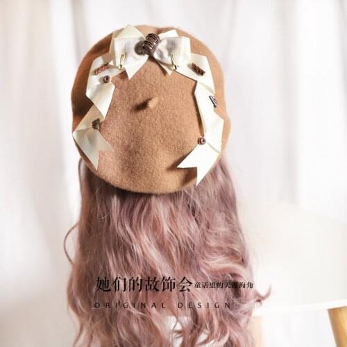 Womens Sweet Lolita Girl Fall Winter Warm Brown Painters hat Chocolate Cream Tiramisu Bow Beret Flat cap Japanese Vintage