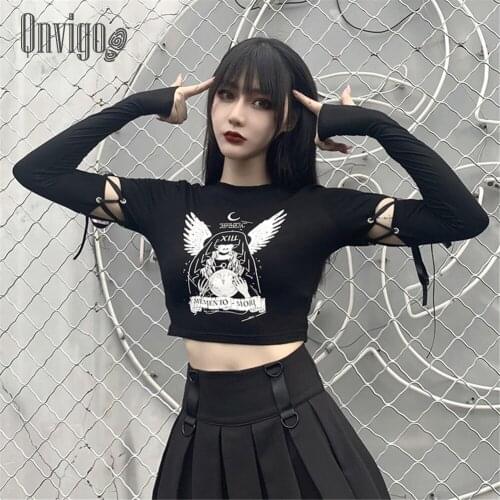 Qnvigo Dark Slim Crop T-shirt Womens Ins Fashion Versatile Lacing Patchwork Long Sleeve Pullovers Harness Blouse Angel Womens