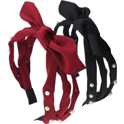 Ladies Korean Nailed Pearl Hairbands Girls Sweet Knotted Bow Chiffon Headband Headwear for Women Hair Accessories