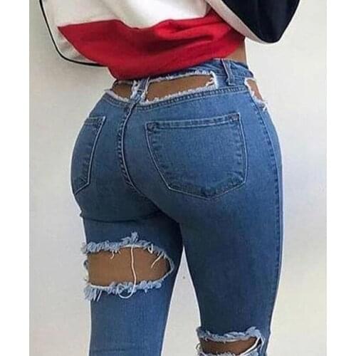 FNOCE 2020 womens ripped jeans pants fashion trends casual elegant solid high waist tight stretch hole slim denim pencil pants