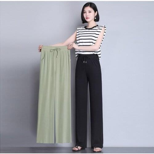 Plus Size Wide Leg Pants Women Elegant 2021 Elastic High Waist Baggy Long Trousers Soft Breathable Thin Bottoms Korean Fashion