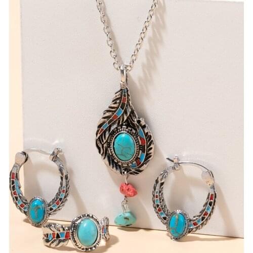 Ethnic Multicolor Bohemia Jewelry Sets Vintage Turquoise Stone Feather Rings Earrings Pendant Necklaces Accessories For Women