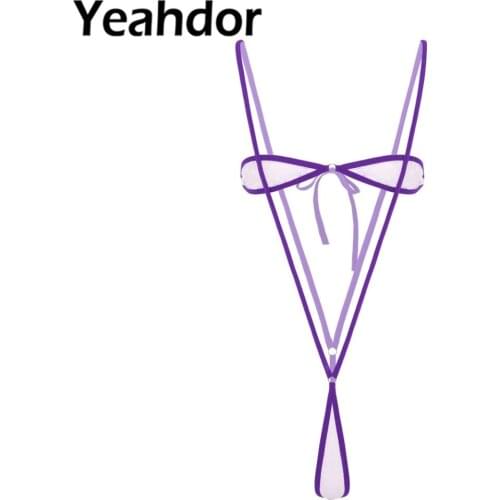 2Pcs Womens Sheer Lace Bikini Lingerie Set Strapless Tie-on Micro Mini Tube Bra Bandeau Top with Suspender Thong G-String Briefs