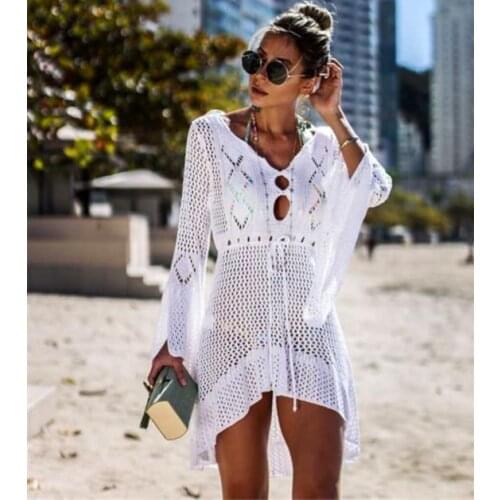ZY 2021 Women Sexy Beach Cover Up Summer Swimsuit Bikini Chiffon Cover Up Short Beach Dress Bathing Suit Trumpet sleeve Hollow