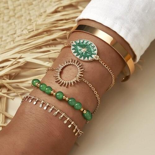 Bohemia Hippie Etchnic style 5pcs Bracelet Metal Rings Green High Quality Abstract Sun Charm Bracelet for women gift