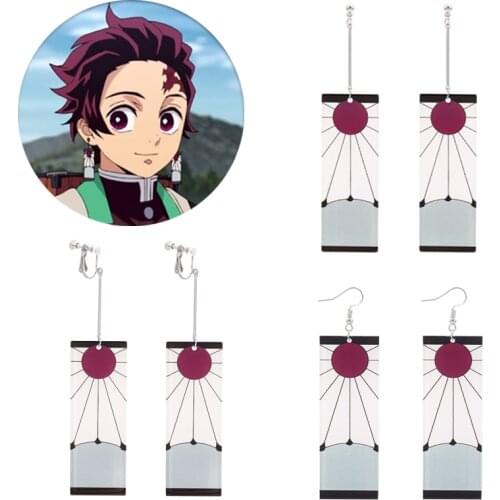 Acrylic Drop Earrings Demon Slayer Kimetsu No Yaiba Kamado Tanjirou Anime Women Men Ear Clip Cosplay Jewelry Accessories Gift