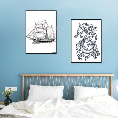 Black White Stick Brief Drawing Sailing and Dragon Home Decoration Canvas Painting for Bedrooms and Living Room