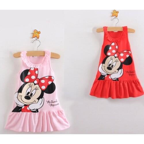 Baby Girls Dresses Robe Enfant Summer Kids Girls Clothes Cute Cartoon Minnie Mouse Dress Lovely Cat Print Red Pink Nice Clothes