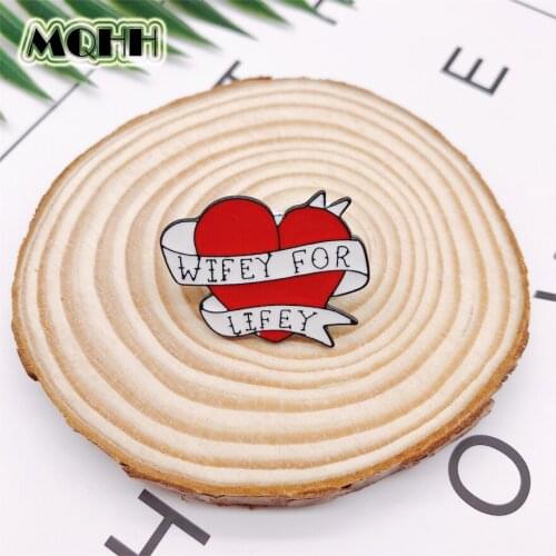 Cartoon Red Heart Shape Enamel Brooch WIFEY FOR LIFEY Letters Alloy Badge Denim Shirt Bag Pins Cute Accessories Jewelry Gift Kid