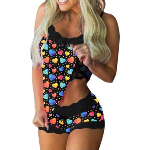 Erotic Lingerie Pajama Set Black Lace Sling Summer Sexy O-Neck Sleeveless Print Shorts Underwear for Women 2021 Fashion Pijama