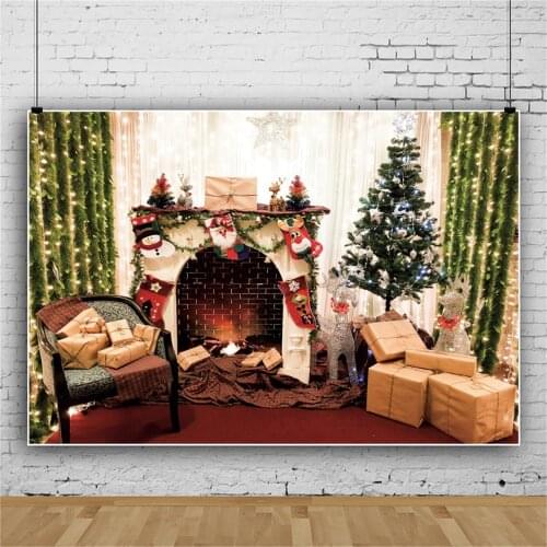 Photo Backdrops For Photo Winter Christmas Festivals Warm Party Decor Fireplace Reindeer Gift Tree Bulb Light Photo Backgrounds