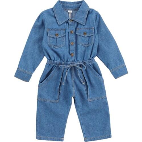2020 1-6Y Kids Rompers Autumn New Blue Solid Button Pockets Long Sleeve Overalls Cargo Pants Toddler Baby Boy Girl Denim Romper