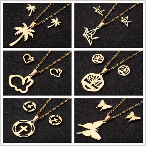 Yiustar Butterfly necklace and earrings set luxury women Stainless Steel jewelry set animal necklace cute earrings for girl