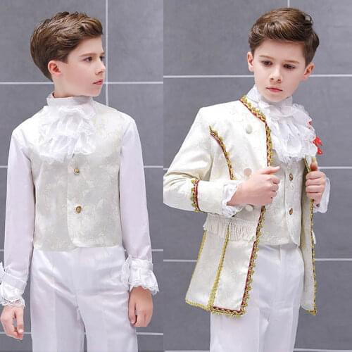 2020 Boys European Court Drama Costume Children White Stage Prince Charming Performance Suit Set Kids Blazer Vest Pants 3 Piece