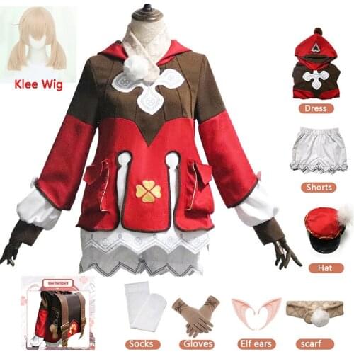 Anime Genshin Klee Cosplay Costume Dress One Piece Bag Glasses Gloves Shorts Suit Girls Game Sets Impact Project Halloween Party