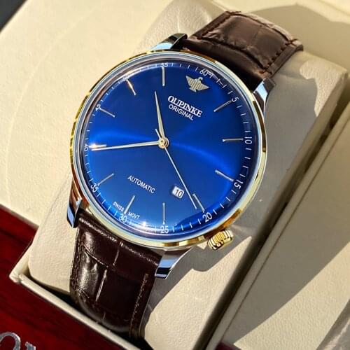 Top Brand OUPINKE Men Automatic Mechanical Watch Tungsten Steel Strap 50M Waterproof Luminous Thin Swiss Movement