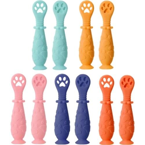 2Pcs/Set Baby Learn Spoon Set Short Easy Spoon Cartoon Silicone Teether Infant Anti-slip Feeding Training Utensils Table