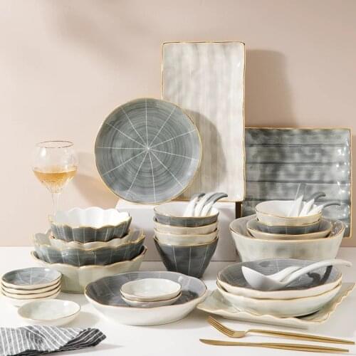 Dishes Set Nordic Jinbian Light Luxury Ceramic Tableware Home Modern Simple Bowl Chopsticks Big Soup Bowl Combination