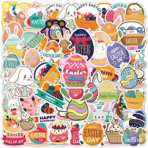 50pcs Easter Egg Cartoon Stickers PVC Waterproof Reusable Cute Rabbit Decals Luggage Laptop Phone Computer Festival Stickers