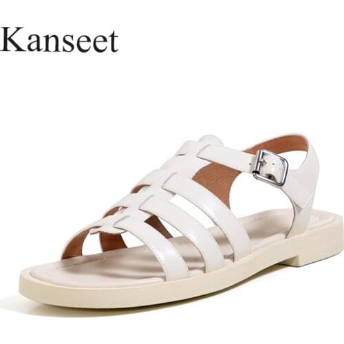 Kanseet Buckle Strap 2021 New Women Real Leather Shoes Summer Sandals Hollow Out Open-Toed Shoes Beige Black Female Footwear