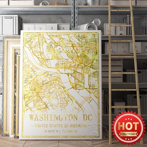 Washington Dc United States Of America Map Poster, America Tavel City Art Map Prints, Gold Foil Line Map Office Home Decor Mural
