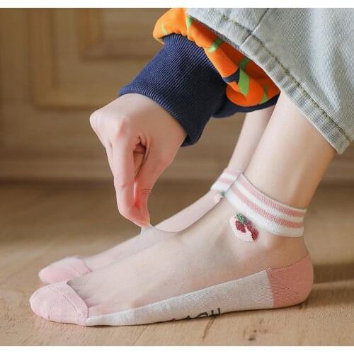 Fruit Print Socks Summer Embroidery Womens Ultra-thin Transparent Glass Silk Breathable Socks Sweet 2021 Cute Short Socks