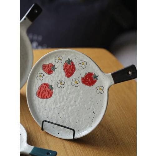 Japanese-style handle plate steak plate cute ceramic tableware home dish plate hand-painted pizza plate flat plate