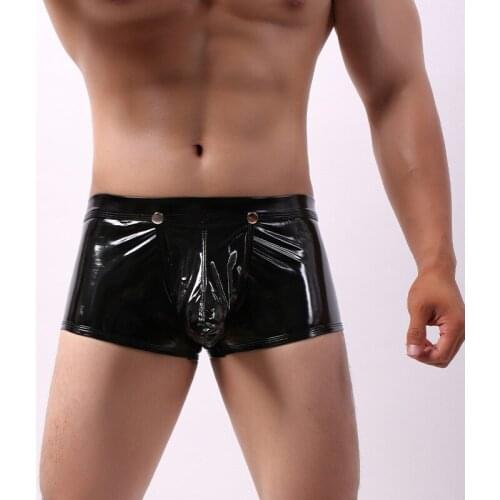 Sexy Gay Underwear Men Patent Leather Boxer Shorts Man Solid Buckle Detachable Capsule Underpants Cueca calzoncillo M-XXL