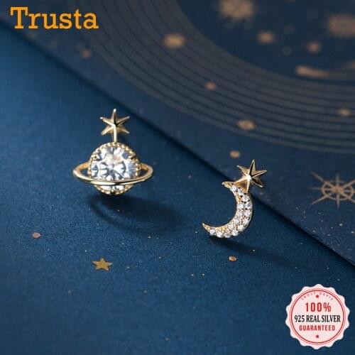Trustdavis Real 925 Sterling Silver Fashion Asymmetric Planet Moon Star Stud Earring For Women Wedding Party Fine Jewelry DS2016