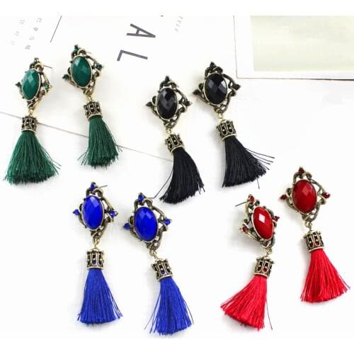 4 Style Rhinestone Bohemian Tassel Crystal Colorful Rope Fringed Rhombus Pendant Earrings Women Party Vacation Long Earrings