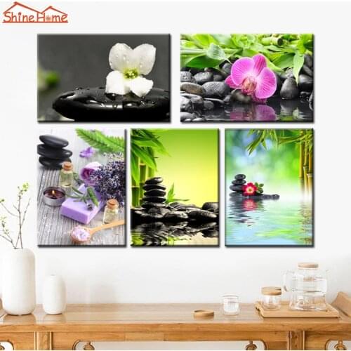 ShineHome-5 Pieces Canvas Prints Modular Painting Yoga Spa Salon Nail Body Massage Zen Stone Bamboo Art Picture on Kitchen Wall