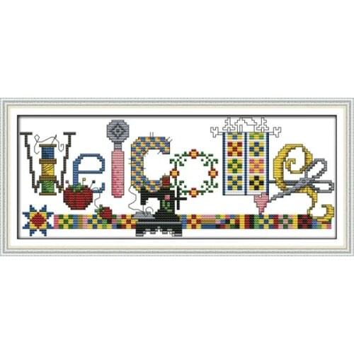 Sewing machine welcome card cross stitch kit cartoon 11ct count print canvas stitches embroidery DIY handmade needlework plus