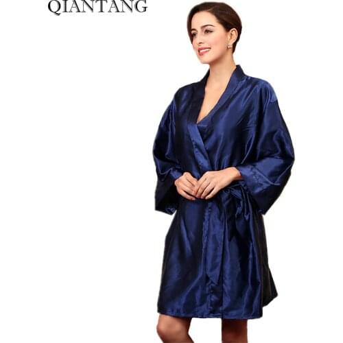 Navy Blue Womens Robe Hot Sale Lady Faux Silk Kimono Bath Gown Sexy Bathrobe Nightgown Mujer Pijama One Size Y7444