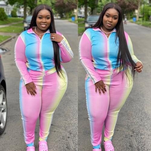 Ueteey New Plus Size Two-piece Trendy Turndown Collar Gradient Print Tracksuit Women Pants Set