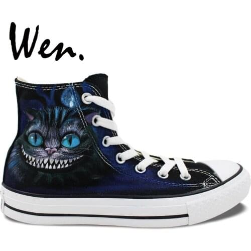Wen Men Womens Hand Painted Shoes Design Custom Cheshire Cat High Top Canvas Sneakers Graffiti Painting Plimsolls