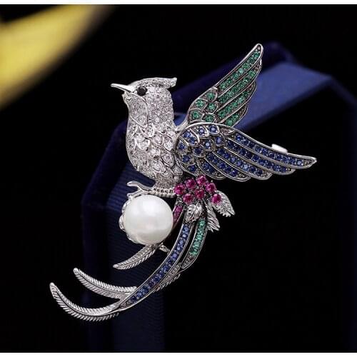 Fashion Art Vintage Micro Pave CZ Flying Phoenix Profile Brooch Pin Imitated Pearl Bird Pin Animal Jewelry HR02527