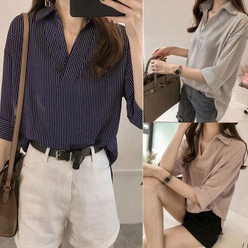 Women Striped V-neck Shirt 3/4 Sleeves Loose All-match Blouse Tops HSJ88