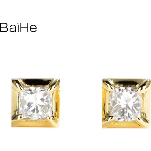 BAIHE Solid 14K Yellow/Rose/White Gold 0.20ct Princess H/SI Natural Diamond Wedding Trendy Fine Jewelry Square Earrings Women