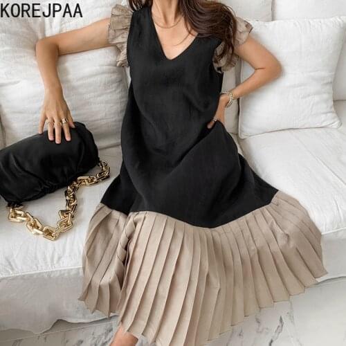 Korejpaa Women Dress 2021 Summer Korean Chic Niche Light Familiar Style V-Neck Contrast Stitching Flying Sleeve Pleated Vestidos