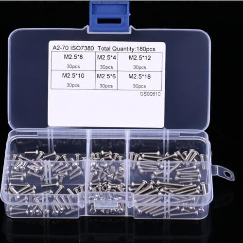 180pcs/set M2.5 Hex Socket Pan Head Screws Stainless Steel SS304 M2.5 Screw Assortment Kit Fastener Hardware