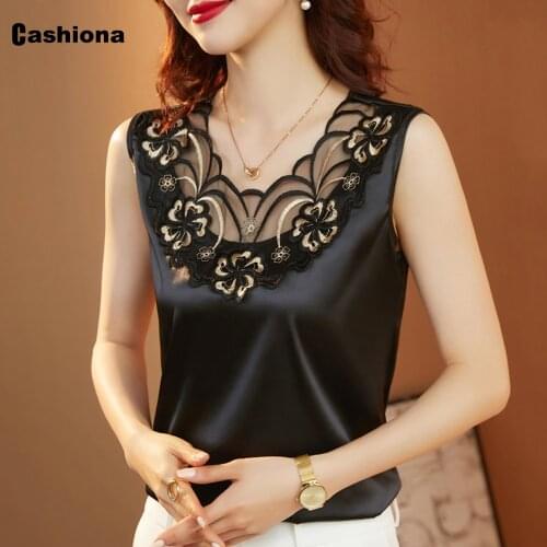 2021 Summer Womens Clothing Eleagnt Casual Tank Tops Sexy Sleeveless Embroidery Gauze Tshirt Latest Patchwork Tees Shirt Femme