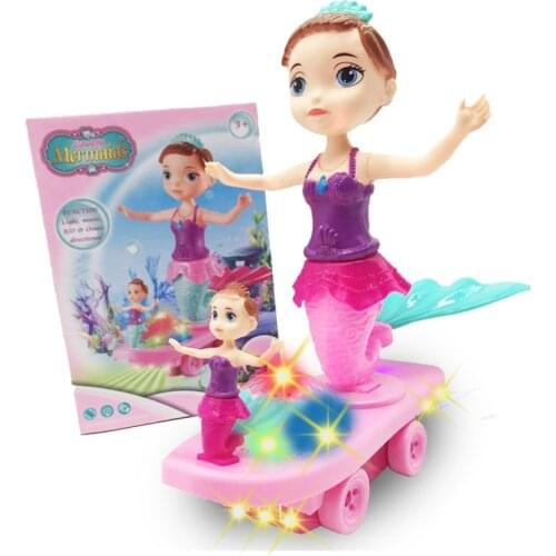 Electric Luminous Toy Car Mermaid Childrens Music 360 Degree Rotating Girl Kawaii Plastic Smooth Skateboard Educational Toy