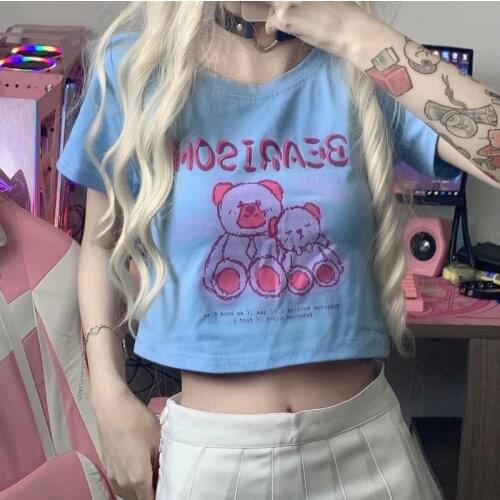 Kawaii cute oversized t-shirts summer Bear Loose short Korea Harajuku women clothing Streetwear crop anime ropa mujer femme tops