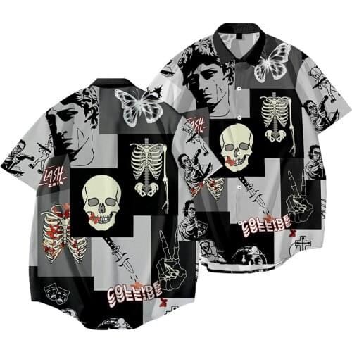 Skeleton Butterfly Printed Hawaiian Short Sleeve Shirts Summer Hip Hop Camicias Streetwear Harajuku Blouses Oversized 6XL