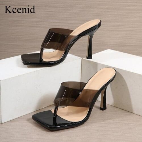 Kcenid New Summer Slippers Women Clear PVC Transparent Jelly Flip Flops Fashion Square Toe Stiletto Heels Party Ladies Shoes