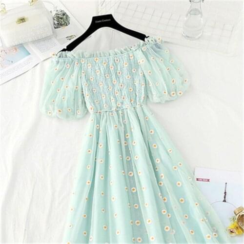 Small Daisies Embroidery Mesh Dresses Women 2021 Sexy Off The Shoulder French Vintage Party Ruffle Dresses Elegant Vestidos 115